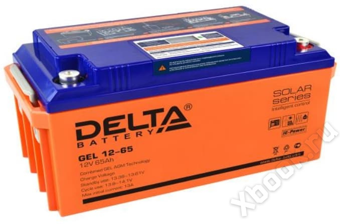 Батарея DELTA серия GEL, GEL 12-65, напряжение 12В, емкость 65Ач (разряд 10 часов),  макс. ток разряда (5 сек.) 650А, макс. ток заряда 13А, свинцово-кислотная типа AGM+GEL, клеммы под болт М8, ДxШxВ 350х167х173мм., вес 23.5кг., LCD, срок службы 10-12 лет./ Battery DELTA series GEL, GEL 12-65, voltage 12V, capacity 65Ah (discharge 10 hours), max. discharge current (5 sec.) 650A, max. charge current 13A, lead-acid type AGM + GEL, terminals for M8 bolt, LxWxH 350x167x173mm., Weight 23.5kg., LCD, se