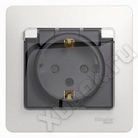 Schneider Electric Glossa Бел Розетка с заземлением со шторками с крышкой, IP44 (в сборе с рамкой) (GSL000148)
